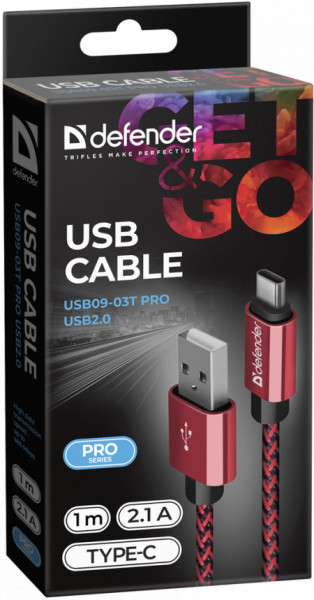 Defender USB type-c kabl USB08-03T USB 20.0 red 1m 2.1A