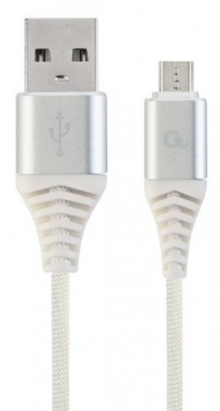 Gembird CC-USB2B-AMmBM-1M-BW2 premium cotton braided Micro-USB charging -data cable,1m, silver/white - Img 1