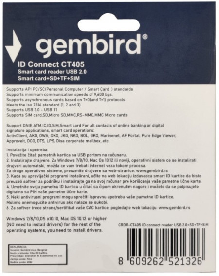 Gembird CRDR-CT405 smart card reader USB2.0 Citac licne karte, sobracajne bank. +SD+TF+SIM reader (1119)