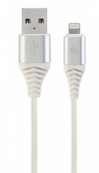 Gembird premium cotton braided 8-pin charging and data cable, 2m, silver/white CC-USB2B-AMLM-2M-BW2