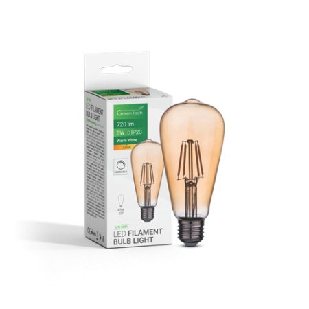 Green tech led sijalica filament amber dimabilna e27 8w 2300k ac220v st64 ( LFB-5301 )