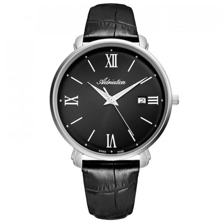 Muški adriatica vintage crni srebrni elegantni ručni sat sa crnim kožnim kaišem ( a1284.5264q )