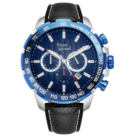 Muški Pierre Ricaud chronograph plavi sportski ručni sat sa crnim kožnim kaišem ( p97236.l215ch ) - Img 1