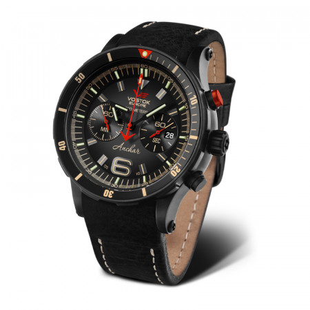 Muški vostok europe anhcar chronograph sportski ručni sat sa crnim kožnim i crnim gumenim kaišem ( 6s21/510c582 ) - Img 1