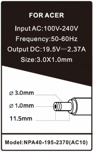 NPA40-195-2370 (AC10) ** Gembird punjac za laptop 40W-19.5V-2.37A, 3.0x1.1mm black (747 alt=AC08)