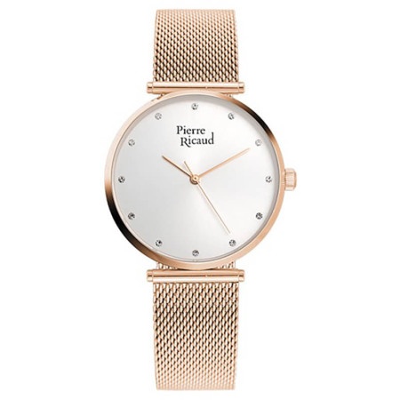 Pierre ricaud  ženski quartz swarovski point beli roze zlatni elegantni ručni sat sa roze zlatnim pancir kaišem ( p22035.91r3q )-1