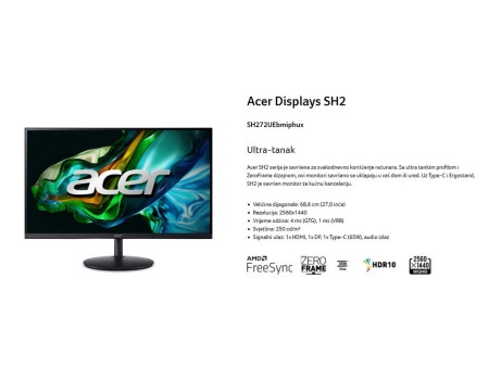 Acer sh272uebmiphux 27"/ips/2560x1440/100hz/1ms vrb/hdmi,dp,usb type c/pivot,visina/crni monitor ( UM.HS2EE.E25 )