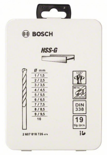 Bosch 19-delni set burgija za metal HSS-G, DIN 338, 135°, u metalnoj kutiji 1-10 mm, 135° ( 2607018726 ) - Img 1