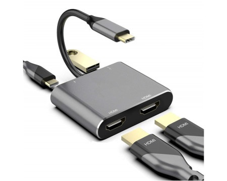 E-green Adapter USB 3.1 tip C (M) - 2 x HDMI + USB 3.0 + PD 60W (4 u 1) -1