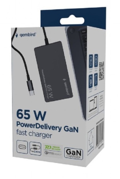 Gembird NPA-AC-PDQC65-01 65 W PowerDelivery GaN USB Type-C fast charger, black (alt. NPA-AC8D)