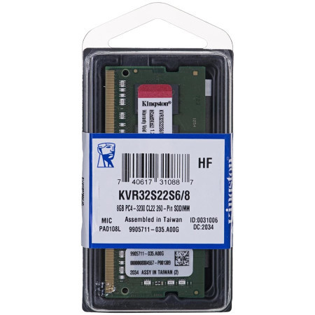 Kingston 8GB 3200MT/s DDR4 Non-ECC CL22 SODIMM 1Rx16, memorija ( KVR32S22S6/8 )