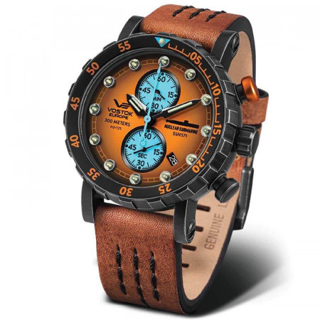 Muški vostok europe nuclear submarine chronograph narandzasti crni sportski ručni sat sa braon kožnim kaišem ( vk61/571f612 )