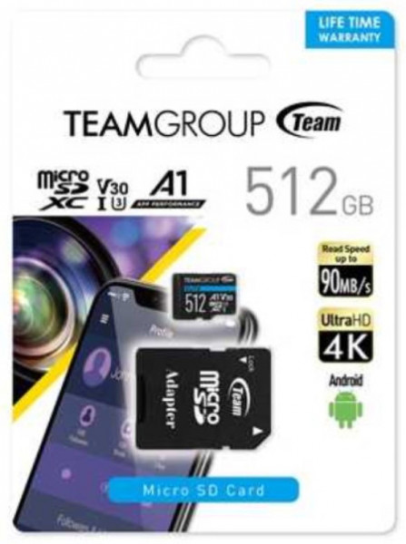 TeamGroup MICRO SDXC 512GB ELITE, UHS-I U3 V30 A1, 100/90MB/s +SD Adapter TEAUSDX512GIV30A103