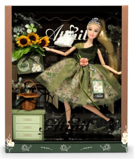 Ittl lutka Atinil u pliš zelenoj kraćoj haljini,maca,cveće ( 071176 )