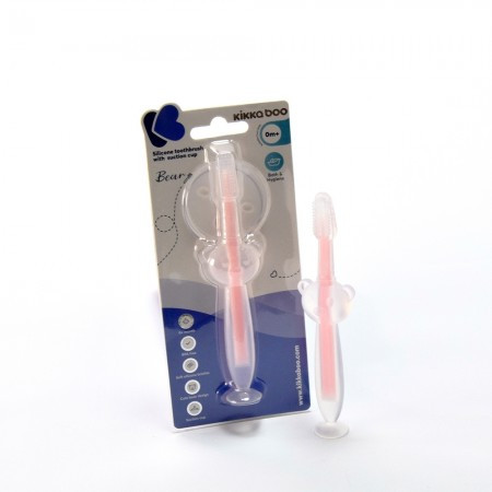 KikkaBoo silikonska četkica za zubiće sa vakumom bear pink ( KKB40046 )