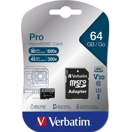 Verbatim micro SDXC card pro U3 C10 64GB incl adapter ( MCV47042 )