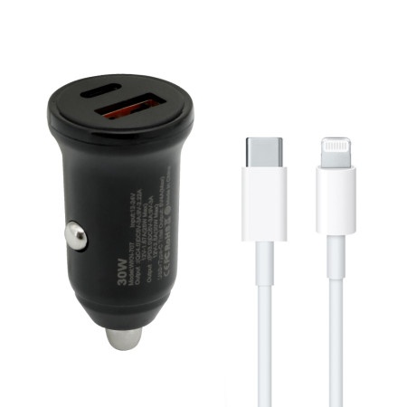 Auto punjac 30w usb-a + type-c ulaz sa type-c na lightning kablom sivi ( A721 )