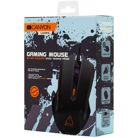 Canyon star raider GM-1 optical gaming mouse with 6 programmable buttons, Pixart optical sensor, 4 levels of DPI and up to 3200, 3 million