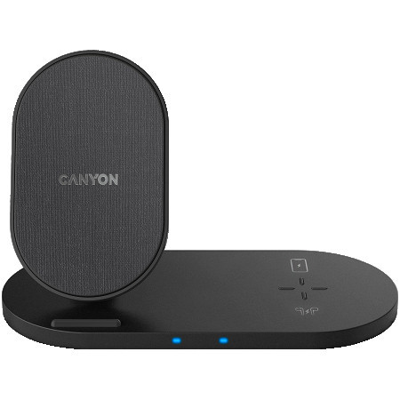 Canyon WS-202 2in1 wireless charger, Input 5V3A, 9V2.67A, Output 10W7.5W5W, Type c cable length 1.2m, PC+ABS,with PU part ,180*86*111.1mm, - Img 1