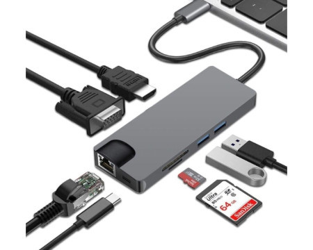 E-Green adapter USB 3.1 Tip C (M) - HDMI+VGA+2X 3.0 USB + tip C + SD (F) - Img 1