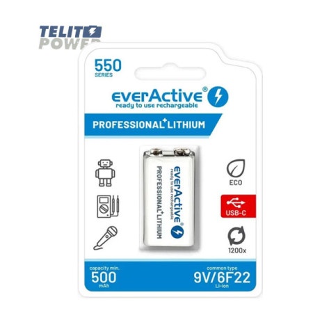 Everactive 6F22 / 9V Li-Ion 550mAh baterija sa USB-C ulazom za punjenje ( 4436 )