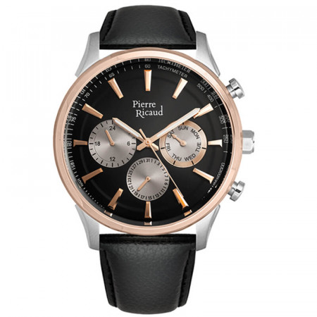 Muški pierre ricaud chronograph crni roze zlatni sportski ručni sat sa crnim kožnim kaišem ( p60014.r214qf )