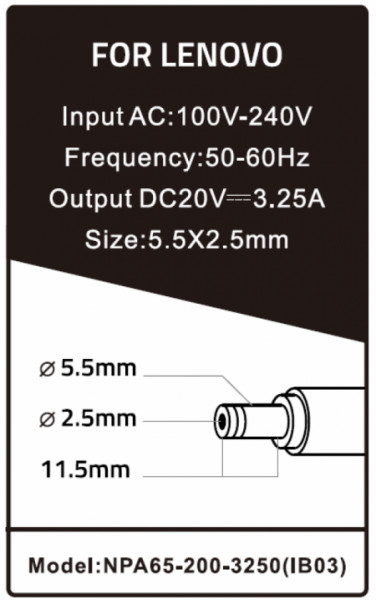 NPA65-200-3250 (IB03) ** Gembird punjac za laptop 65W-20V-3.25A, 5.5x2.5mm Black (819)