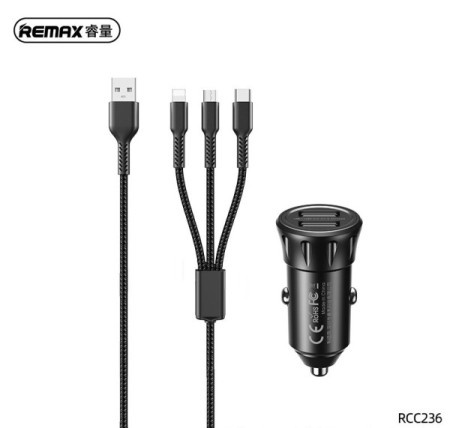 Remax RCC236 2 x USB+ kabl 3u1 lightning/USB-C/USB micro 2.4A Auto punjac