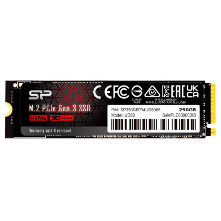 Silicon Power M.2 NVMe 250GB SSD, UD80, PCIe Gen 3x4, 3D NAND, Read up to 3,400 MB/s, Write up to 3,000 MB/s (single sided), 2280 ( SP250GBP