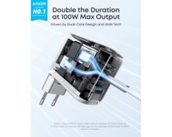 Anker 100W GaN zidni brzi punjač, 3-porta (2x USB-C i 1x USB-A) sa USB-C M/M pletenim kablom, srebrni