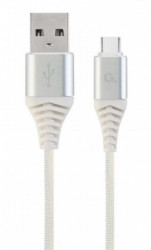 Gembird premium cotton braided Type-C USB charging -data cable,1m, silver/white CC-USB2B-AMCM-1M-BW2