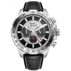 Muški Pierre Ricaud chronograph crni srebrni sportski ručni sat sa crnim kožnim kaišem ( p97236.5217ch ) - Img 1