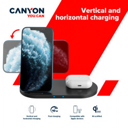 Canyon WS-202 2in1 wireless charger, Input 5V3A, 9V2.67A, Output 10W7.5W5W, Type c cable length 1.2m, PC+ABS,with PU part ,180*86*111.1mm, - Img 2