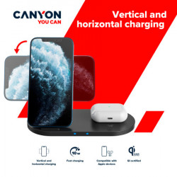 Canyon WS-202 2in1 wireless charger, Input 5V3A, 9V2.67A, Output 10W7.5W5W, Type c cable length 1.2m, PC+ABS,with PU part ,180*86*111.1mm,  - Img 2