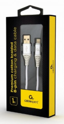 Gembird CC-USB2B-AMLM-1M-BW2 premium cotton braided 8-pin charging and data cable, 1m, silver/white - Img 2