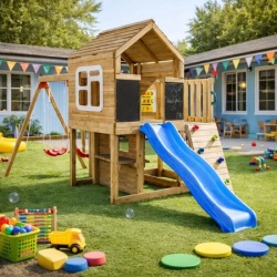 Kinder Home Velika dečija drvena kućica za igru za dvorište sa toboganom, 2 ljuljaške, penjalicom i peskarnikom – 250×150×267 cm ( SH3 )