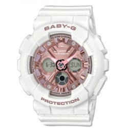 Ženski casio baby g roze zlatni beli analogno digitalni sportski ručni sat sa belim silikonkim kaišem ( ba-130-7a1er )