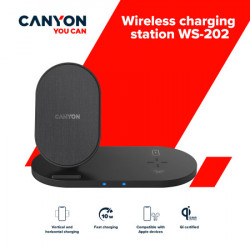 Canyon WS-202 2in1 wireless charger, Input 5V3A, 9V2.67A, Output 10W7.5W5W, Type c cable length 1.2m, PC+ABS,with PU part ,180*86*111.1mm, - Img 3