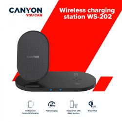 Canyon WS-202 2in1 wireless charger, Input 5V3A, 9V2.67A, Output 10W7.5W5W, Type c cable length 1.2m, PC+ABS,with PU part ,180*86*111.1mm,  - Img 3