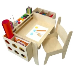 Kinder home dečiji drveni sto sa podesivom visinom, stolicom i organizatorom, montesori sto za crtanje, edukativni set za decu, prirodno dr