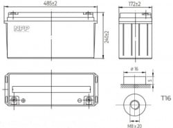 NPP NPG12V-150Ah, GEL BATTERY, C20=150AH, T16, 485*172*240*240, 38,5KG, Light grey - Img 2