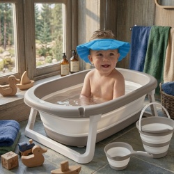 Set za kupanje bebe – Dolu kadica set sivi + Canpol štitnik plavi