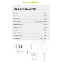 Bavin 2xUSB 2,4A +kabl Type C 1,0m punjač  bela ( 90002 )-5