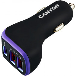 Canyon universal 3xUSB car adapter Type-C PD 18W, Black+Purple with rubber coating ( CNE-CCA08PU ) - Img 1