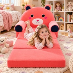 Dečija rasklopiva plišana foteljica 2u1 Pink Teddy roze - 4 sloja ( KLK2694-PTR )