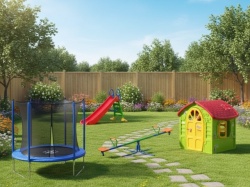 Dečiji komplet za dvorište ( Playground 4 ) Trambolina + Kućica + Tobogan + Klackalica
