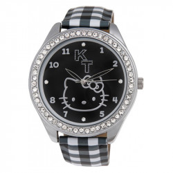 Dečji hello kitty kristal crni ručni sat sa kariranim kožnim kaišem ( hk480s-260 ) - Img 1