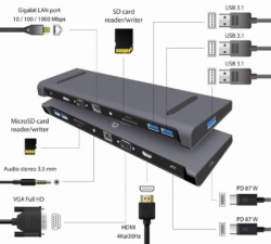 Gembird A-CM-COMBO10-01 USB Type-C 10-in-1 multi-port adapter(USB hub+HDMI+VGA+PD+card r+LAN+3.5mm)-4
