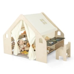 Kinder home Dečiji drveni letnjikovac 6 u 1 – stolica, sto, tabla, organizator, tenda i mekana podloga ( AT-KF-2401 )