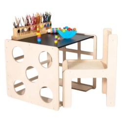 Kinder home, dečiji sto sa stolicom I kockom za penjanje, sto za aktivnu igru, prirodno drvo montesori set 2 u 1 ( at-tc-2516 )